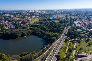 Taquaral lagoon in Campinas at dawn, view from above, Portugal park, Sao Paulo, Brazil