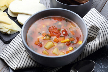 Tomato soup with potatoes, carrots, corn, barley and green onions