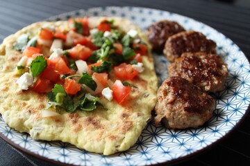 Greek grill meatball on pita with tomato and cucumbers