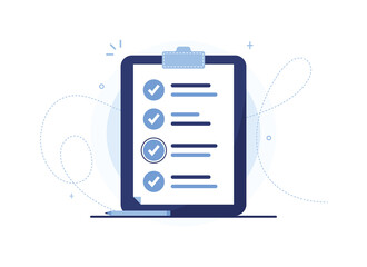 Vector illustration of a to-do list with pen. Page of work performed, preparation of the questionnaire, filling out documents. Organizer. Blue notebook, tablet. Check mark. Eps 10 - obrazy, fototapety, plakaty