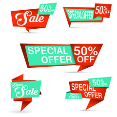 Special offer sale banners set in orange and green colours with 50% off text - Vetor 