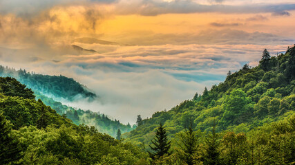 Fog coverd Great Smoky Mountains National Park at sunrise