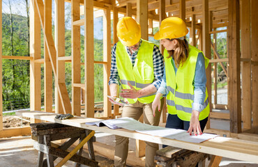 Engineers working on construction site holding blueprints of wood frame house