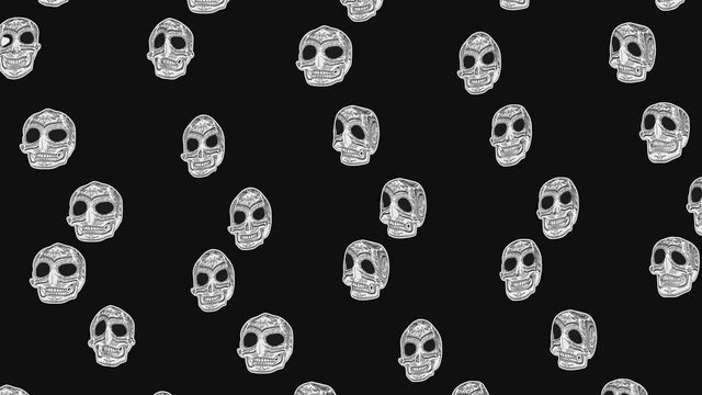 Seamless animation psychedelic skulls printed drawn style cartoon. Hypnotic halloween background with marker stroke effect in black and white.