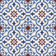 Seamless Damask pattern. Majolica pottery tile, blue, white azulejo, original traditional Portuguese and Spain decor. Seamless pattern with Victorian motives. Vector illustration.