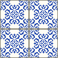 Seamless Damask pattern. Majolica pottery tile, blue, brown and gray azulejo, original traditional Portuguese and Spain decor. Seamless tile with Islam, Arabic, Indian, Ottoman motifs