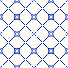 Fototapeta premium Seamless patchwork pattern. Majolica pottery tile. Portuguese and Spain decor. Azulejo. Ceramic tile in talavera style