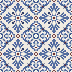 Seamless Damask pattern. Majolica pottery tile, blue, white azulejo, original traditional Portuguese and Spain decor. Seamless pattern with Victorian motives. Vector illustration.