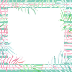 Square Summer template with tropical leaves isolated with white place 