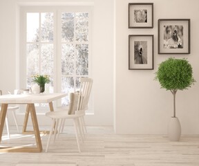 White dinner room with winter landscape in window. Scandinavian interior design. 3D illustration