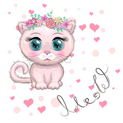 Naklejka premium Cute cartoon pink cat, kitten on a background of flowers among butterflies