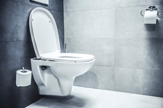Ceramic white toilet bowl near grey wall, side light in the modern bathroom