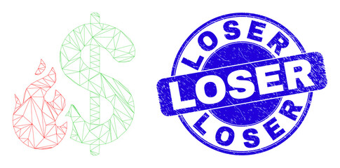 Web carcass dollar fire pictogram and Loser seal stamp. Blue vector round distress seal stamp with Loser message. Abstract carcass mesh polygonal model created from dollar fire pictogram.