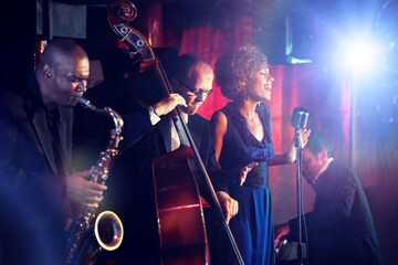 Jazz Band playing on Stage - obrazy, fototapety, plakaty