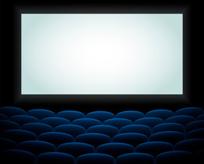 Interior of a cinema movie theatre, lecture hall with copyspace on the screen and rows of blue cinema or theater seats in front. Empty Cinema auditorium with white screen. Vector illustration. EPS 10.
