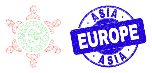 Web mesh euro people union pictogram and Asia Europe seal. Blue vector rounded distress seal with Asia Europe caption. Abstract carcass mesh polygonal model created from euro people union pictogram.