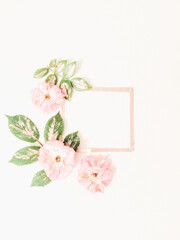 Square floral  design frame. Pink pastel  rose, white roses  flowers, eucalyptus, forest fern, greenery. Wedding elegant card .Isolated on white background