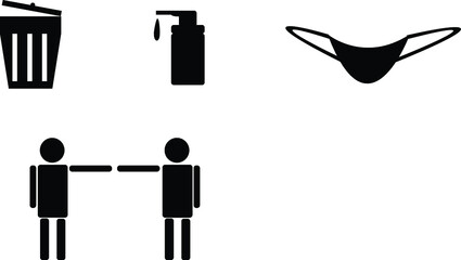 corona virus precautions symbolized . Waste bin, Hand sanitizer, face mask, social distance