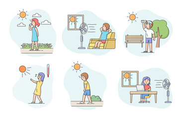 Fototapeta na wymiar Concept Of Summer Hot Period. Characters Weary From Heat Are Drenching With Water, Drinking Cold Drinks Use Fan To Cool Off In Hot Summer Day. Cartoon Linear Outline Flat Style. Vector Illustration
