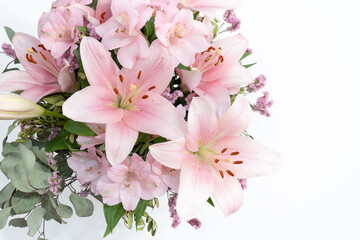 Pink lilies flower arrangement with white background