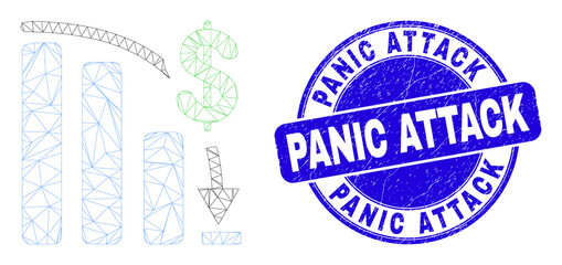 Obraz premium Web mesh bankruptcy bar chart icon and Panic Attack watermark. Blue vector rounded scratched watermark with Panic Attack text.