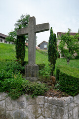 Toby or stray cat playing in a church grave yard under a big stone ancient cross in a cemetery. 