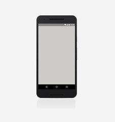 Realistic black mobile phone with blank screen isolated on white. Vector illustration. EPS10.
