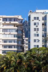 Residential buildings in Botafogo with Corcovado mountain and Christ statue visible in the background and tropical vegetation in the foreground against a blue sky