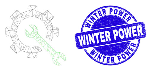 Obraz premium Web carcass service tools icon and Winter Power seal stamp. Blue vector rounded scratched stamp with Winter Power phrase. Abstract frame mesh polygonal model created from service tools icon.