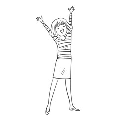 Concept with happy woman.A young woman is standing with hands raised up.The lady is happy. End of work, week or study.Stock vector illustration.Student, businesswoman isolated on white background.