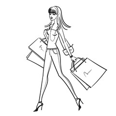 Woman with packages. Fashionable young woman is shopping. Stock vector illustration isolated on white background.