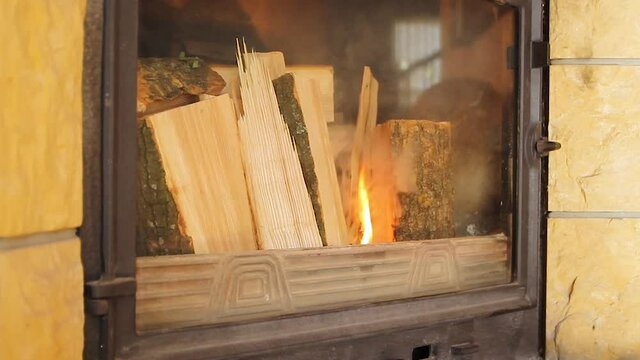 Timelapse of Burning Fire In The Fireplace with Wood And Embers