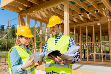 Construction engineer and architect consult plans on building site of wood framing house under construction