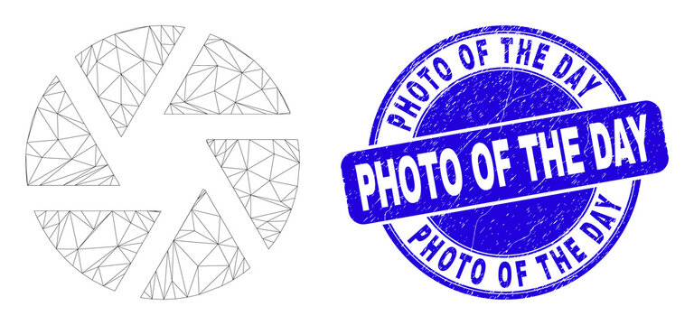 Web carcass shutter pictogram and Photo of the Day seal stamp. Blue vector round distress seal stamp with Photo of the Day message. Abstract carcass mesh polygonal model created from shutter icon.