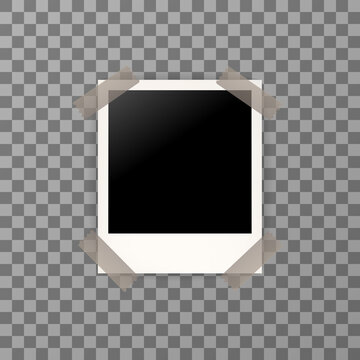 Blank photo frame with shadow with adhesive tape on transparent background. Vintage photo frame realistic mock up vector illustration. EPS 10.