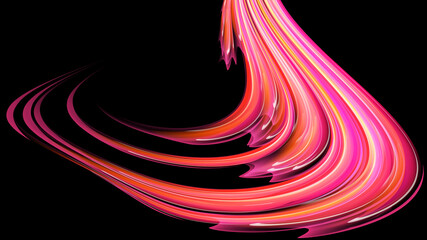 Beautiful bright motley purple pink abstract energetic magical cosmic fiery neon texture from lines and stripes, waves, flames with curves and twists on a black background and copy space. Vector