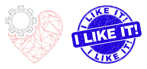 Web carcass heart gear pictogram and I Like It! seal stamp. Blue vector round distress seal stamp with I Like It! message. Abstract carcass mesh polygonal model created from heart gear pictogram.