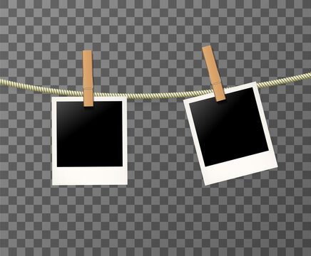 Photo frames on the rope on the transparent background - vector illustration. Blank polaroid photos on the clothespin.