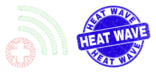 Web mesh medical source pictogram and Heat Wave stamp. Blue vector round distress seal with Heat Wave message. Abstract carcass mesh polygonal model created from medical source pictogram.