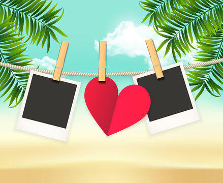Summer two photo frames on the rope with summer sea paper heart and beach vacation - vector illustration. Blank polaroid photos on the clothespin with palm trees. Summer Hot background for your photo.