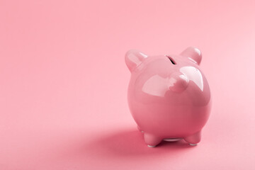 beautiful pink piggy bank on rose background.
