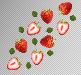 Realistic strawberry with leaves, summer fruit, delicious isolated fruit, summer dessert, vector illustration