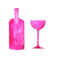 Set of bright pink silhouette wine bottle and glass isolated on white background. Hand drawn watercolor illustration.