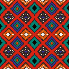 Ikat geometric folklore ornament with diamonds. Tribal ethnic vector texture. Seamless striped pattern in Aztec style. Folk embroidery. Indian, Scandinavian, Gypsy, Mexican, African rug.