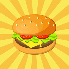 Hamburger Fast food, burger, sandwich isolated on yellow striped background. Vector illustration