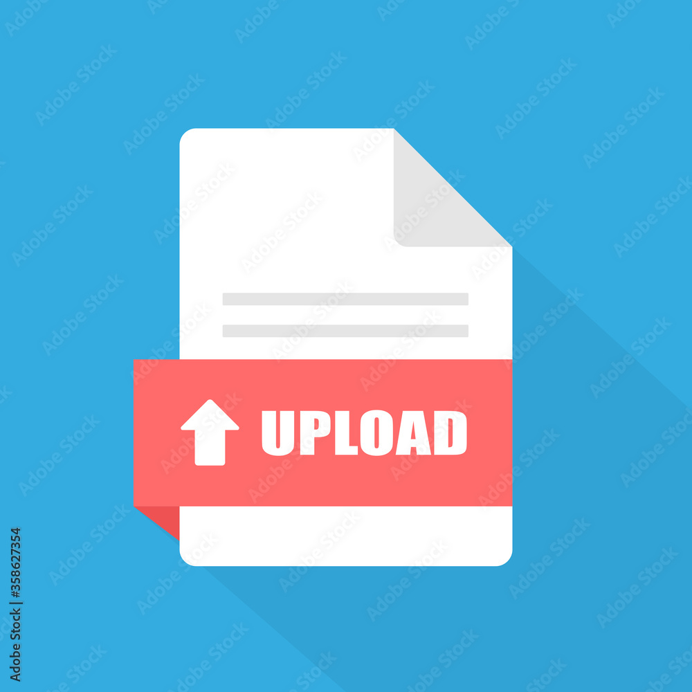 Poster flat upload document file icon isolated on blue background. pdf file with long shadow.