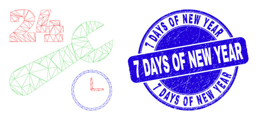 Web mesh 24-7 repair service icon and 7 Days of New Year seal stamp. Blue vector round grunge seal stamp with 7 Days of New Year message.