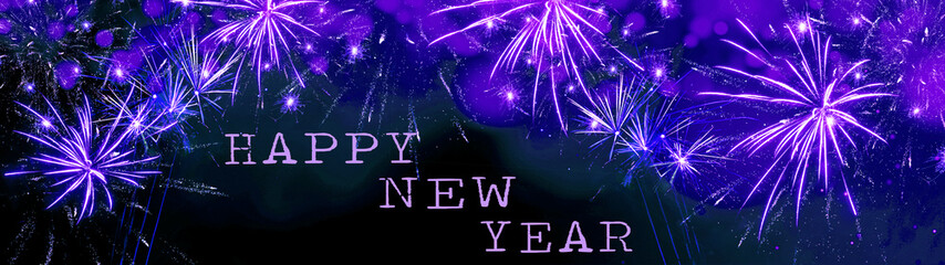 HAPPY NEW YEAR Silvester background banner panorama long- Purple pink firework and blue bokeh lights on rustic dark black grey night texture, with space for text