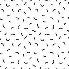 Seamless pattern with short wavy lines, in doodle style. Black and white line art. Design template for wallpaper, wrapping, fabric, textile, web, banner, poster.