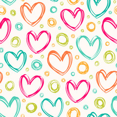 Simple seamless vector pattern with outlines circles and hearts.
